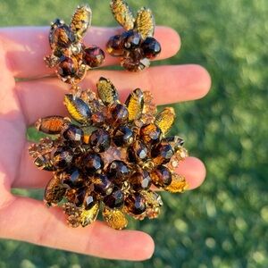 Juliana Amber Crystal Floral Drop Earrings and brooch set